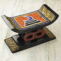Decorative beaded mini wood stool, 'Adinkra Vigilance' - Decorative Beaded Mini Wood and Aluminum Ghanaian Stool