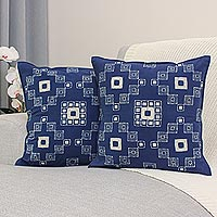 Cotton batik cushion covers, 'Indigo Palace' (pair) - Handmade Batik Cotton Cushion Covers in Indigo (Pair)
