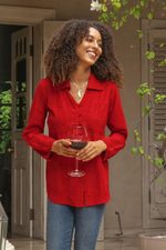 Cotton blouse, 'Lily of Incas in Red' - Lily of the Incas Button-Front Red Cotton Blouse
