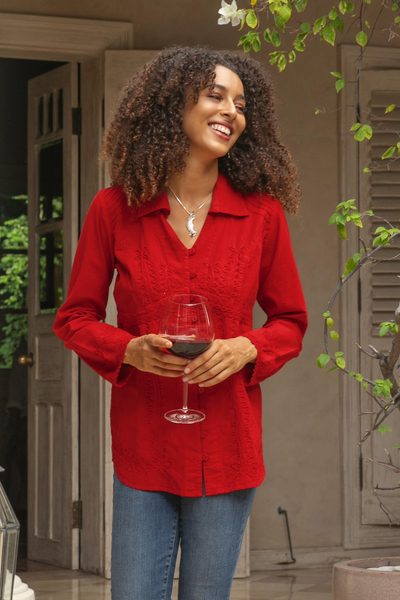 Cotton blouse 'Lily of Incas in Red'  - Lily of the Incas Button-Front Red Cotton Blouse