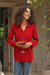 Cotton blouse, 'Lily of Incas in Red' - Lily of the Incas Button-Front Red Cotton Blouse thumbail