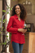 Cotton blouse, 'Lily of Incas in Red' - Lily of the Incas Button-Front Red Cotton Blouse (image 2b) thumbail