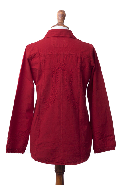 Blusa de algodón, 'Lirio de los Incas en Rojo' - Blusa de algodón rojo con botones en el frente de Lily of the Incas