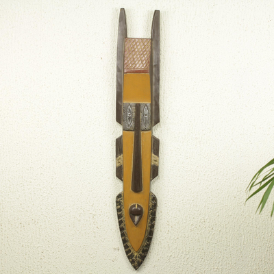 African wall mask, 'Wishes Come True' - Long Yellow Hand Carved African Wood Wall Mask