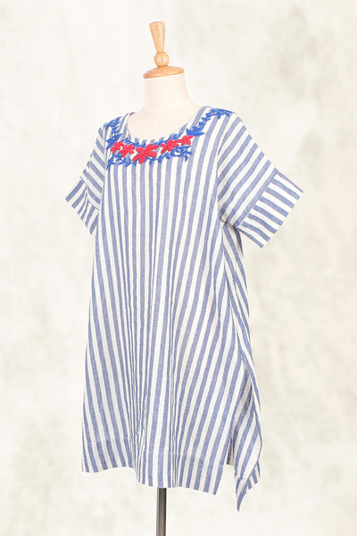Cotton long length tunic, 'Sky Flora' - Floral Embroidered Striped Cotton Long Length Tunic