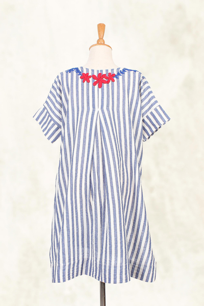 Cotton long length tunic, 'Sky Flora' - Floral Embroidered Striped Cotton Long Length Tunic