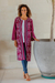 Ikat cotton duster, 'Kartini Burgundy' - Long Handwoven Burgundy & Blue Ikat Cotton Duster Jacket