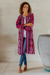 Ikat cotton duster, 'Kartini Burgundy' - Long Handwoven Burgundy & Blue Ikat Cotton Duster Jacket