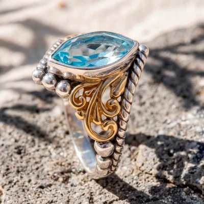 Gold accented blue topaz single-stone ring, 'Marquise Order' - Gold Accented Marquise Blue Topaz Single-Stone Ring