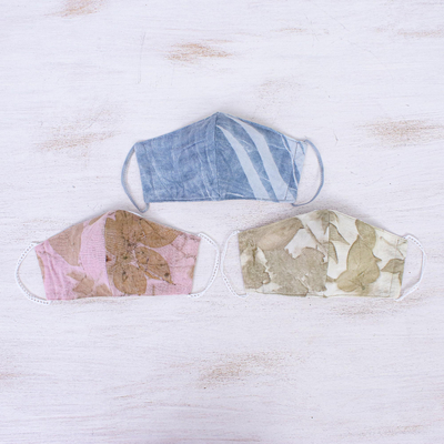 Cotton face masks, 'Nature's Smile' (set of 3) - 3 Eco-Dyed Blue-Pink-Aqua Print Cotton 3-Layer Face Masks