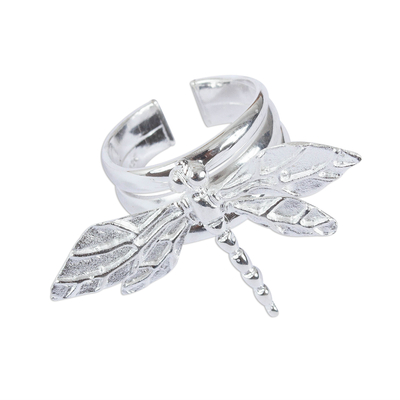 Sterling silver cocktail ring, 'Resting Dragonfly' - Sterling Silver Dragonfly Cocktail Ring from Mexico