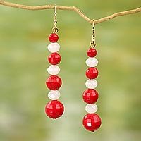 Upcycled dangle earrings, 'Eco Red and White' - Handcrafted Red and White Eco Friendly African Earrings
