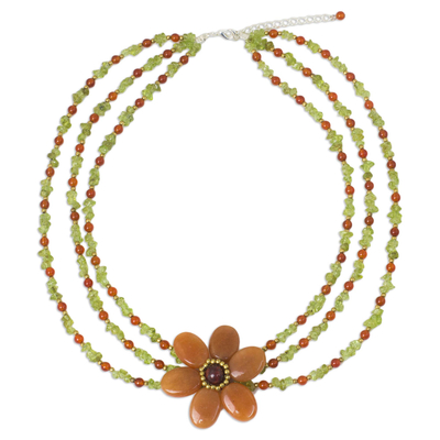 Multi-gemstone beaded strand necklace, 'Orange Radiance' - Hand Crafted Multi-Gemstone Beaded Floral Pendant Necklace