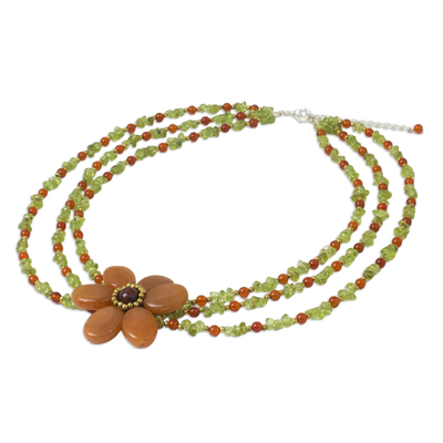 Multi-gemstone beaded strand necklace, 'Orange Radiance' - Hand Crafted Multi-Gemstone Beaded Floral Pendant Necklace