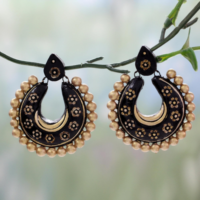 Ceramic dangle earrings, 'Golden Gala' - Fair Trade Hand Painted Black and Gold Ceramic Earrings