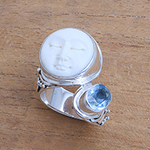 Blue Topaz and Bone Face Cocktail Ring from Bali, 'Sparkling Face'