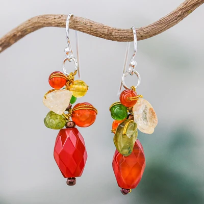 Carnelian dangle earrings, 'Wistful Memory' - Carnelian Multi-Gemstone Dangle Earrings from Thailand
