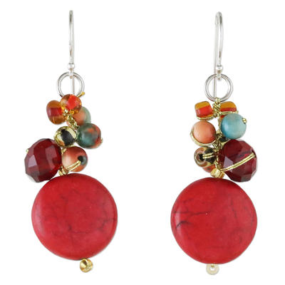 Calcite beaded dangle earrings, 'Red Circles' - Red Calcite and Glass Bead Dangle Earrings from Thailand