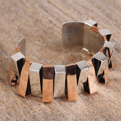 Sterling silver and copper cuff bracelet, 'Dual Symmetry' - Taxco Sterling Silver and Copper Cuff Bracelet from Mexico