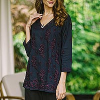 Embroidered cotton tunic, 'Lucknow Blossoms' - Hand Embroidered Navy Tunic with Maroon Flowers