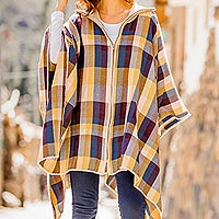 Alpaca blend poncho sweater, 'Cuzco Morning' - Check Pattern Alpaca Blend Poncho Sweater from Peru