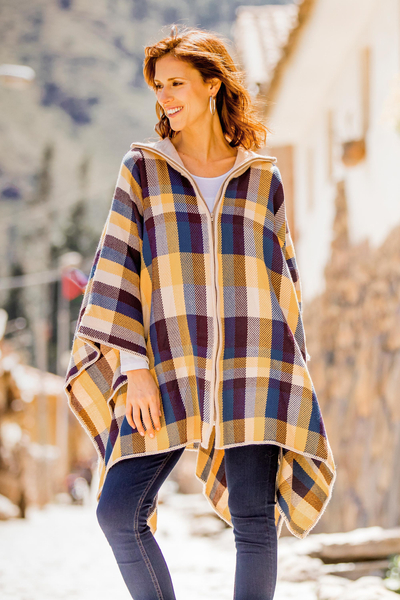Alpaca blend poncho sweater, 'Cuzco Morning' - Check Pattern Alpaca Blend Poncho Sweater from Peru