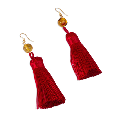Amber tasseled dangle earrings, 'Cherry Desirable Tassels' - Amber Tasseled Dangle Earrings in Cherry from Mexico
