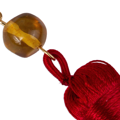 Amber tasseled dangle earrings, 'Cherry Desirable Tassels' - Amber Tasseled Dangle Earrings in Cherry from Mexico