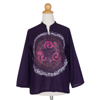 Cotton batik tunic, 'Thai Magic in Purple' - Batik Tie Dye Cotton Tunic Yoga Top Handmade