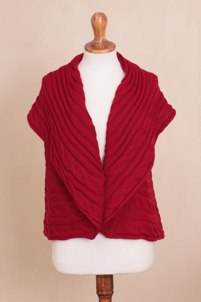 Alpaca blend cardigan, 'Crimson Texture' - Textured Alpaca Blend Cardigan in Crimson from Peru