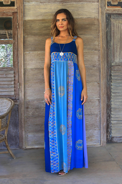 Batik-Rayon-Sommerkleid, „Balinese Waters“ – Batik-Rayon-Sommerkleid in Blau aus Bali