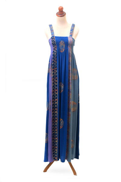 Vestido de verano de rayón batik, 'Balinese Waters' - Vestido de verano de rayón batik en azul de Bali