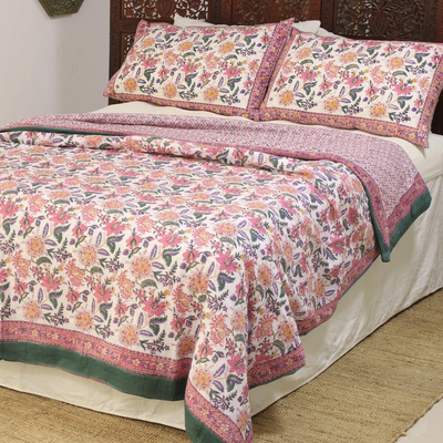 Set aus Bettbezug und Kissenbezügen aus Baumwolle, (3-teilig) - Set mit Bettbezug und Kissenbezügen aus Baumwolle mit Blumen-Blockdruck (3)