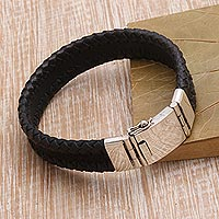 Leather and sterling silver braided wristband bracelet, 'Bold Band' - Leather and Sterling Silver Braided Wristband Bracelet