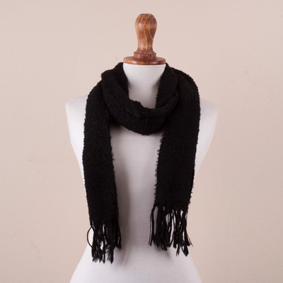 Alpaca blend scarf, 'Night Feeling' - Handwoven Textured Alpaca Blend Scarf in Black from Peru
