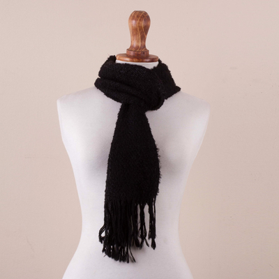 Alpaca blend scarf, 'Night Feeling' - Handwoven Textured Alpaca Blend Scarf in Black from Peru