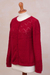100% baby alpaca sweater, 'Sweet Mystique in Crimson' - Crimson Baby Alpaca Cardigan Sweater with Pointelle Knit