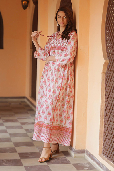 Cotton maxi dress, 'Floral Fantasy' - Pink Floral Print Cotton Maxi Dress
