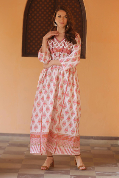Cotton maxi dress, 'Floral Fantasy' - Pink Floral Print Cotton Maxi Dress