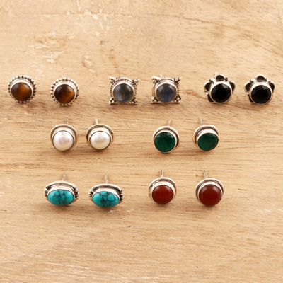 Multi-gemstone stud earrings, 'Elegant Pairs' (set of 7) - Set of 7 Multi-Gemstone Stud Earrings from India