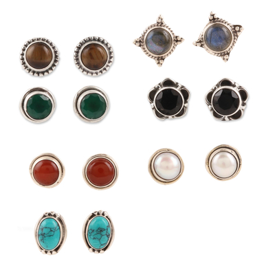 Multi-gemstone stud earrings, 'Elegant Pairs' (set of 7) - Set of 7 Multi-Gemstone Stud Earrings from India