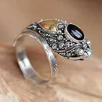 Gold accent onyx cocktail ring, 'Dragon' - Handcrafted Sterling Silver and Onyx Wrap Ring