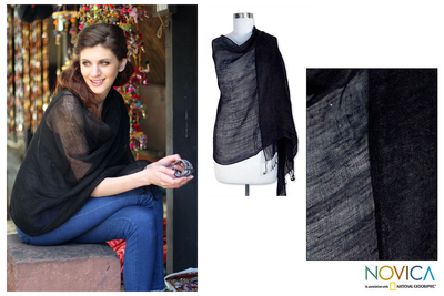 Linen shawl, 'Sheer Ebony' - Handmade Linen Wrap Shawl from India