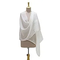 Cotton blend shawl, 'Blossoming Bouquet' - Warm White Embroidered Sheer Cotton and Silk Blend Shawl