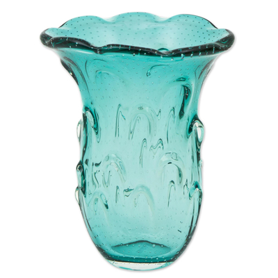 Art glass vase, 'Blue Cascade' - Hand Blown Blue Art Glass Vase from Brazil