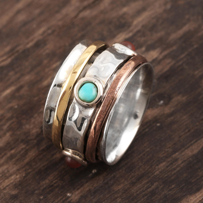 Onyx and reconstituted turquoise spinner ring, 'Glowing Energy' - Red Onyx and Reconstituted Turquoise Spinner Ring from India