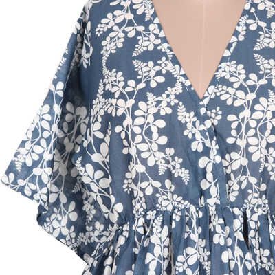 Cotton surplice dress, 'Fanciful Leaves' - Screen Print Blue and White Cotton Dress