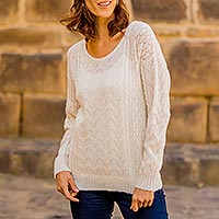 Baby alpaca blend pullover, 'Warm Charm' - Cable Knit Baby Alpaca Blend Pullover in Ivory from Peru