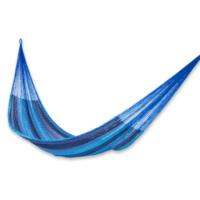 Cotton hammock, 'Huatulco' (double) - Handmade Blue Cotton Maya Hammock from Mexico