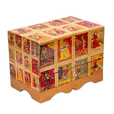 Decoupage jewelry box, 'Day of the Dead Lottery' - Day of the Dead Bingo Decoupage on Pinewood Jewelry Box